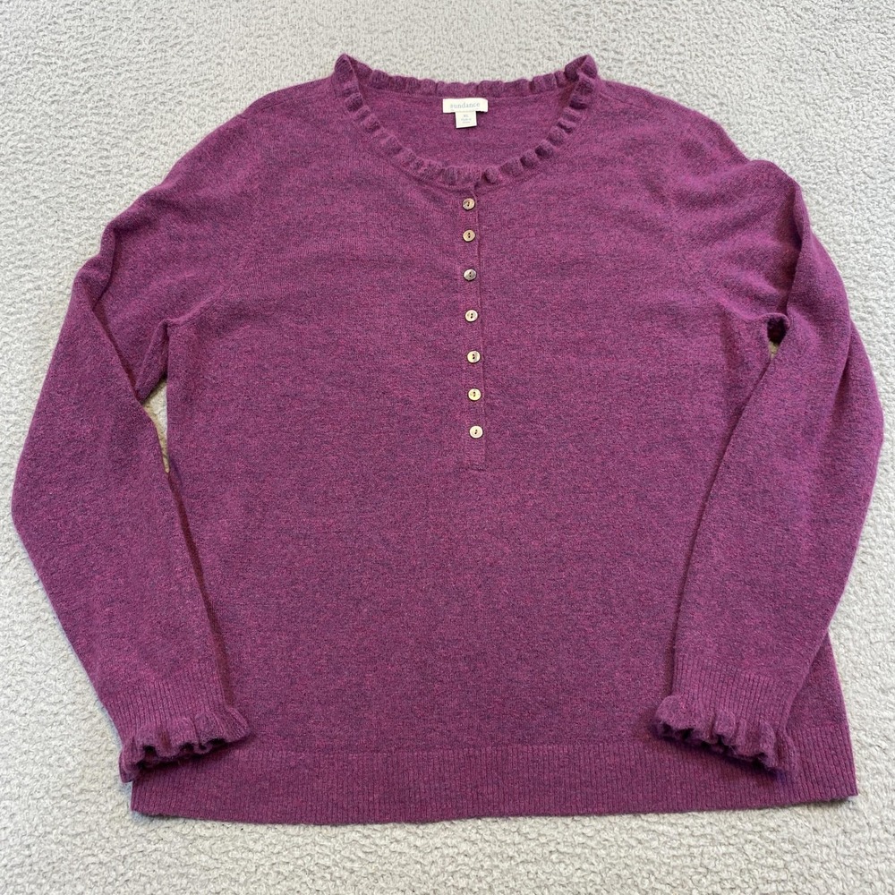 Sundance Sweater Womens XL Purple Henley Scoop Neck Ruffle Knit Long‎ Sleeve